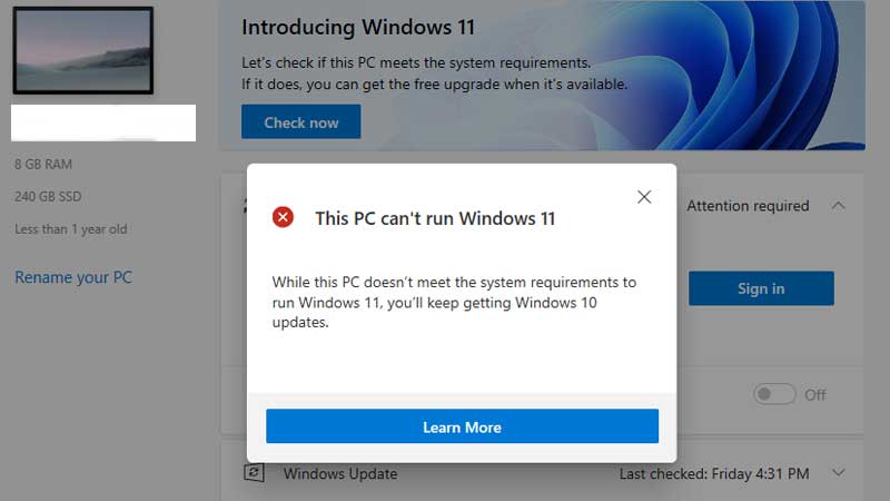 Windows 11 Health Check Failed
