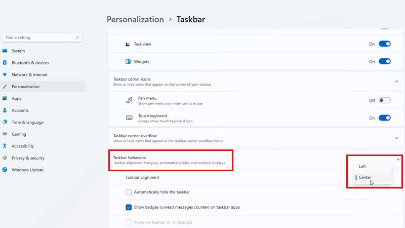 Windows 11 Taskbar Settings