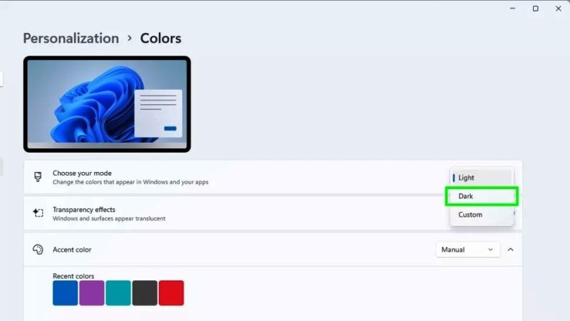 enable dark mode or light mode in Windows 11