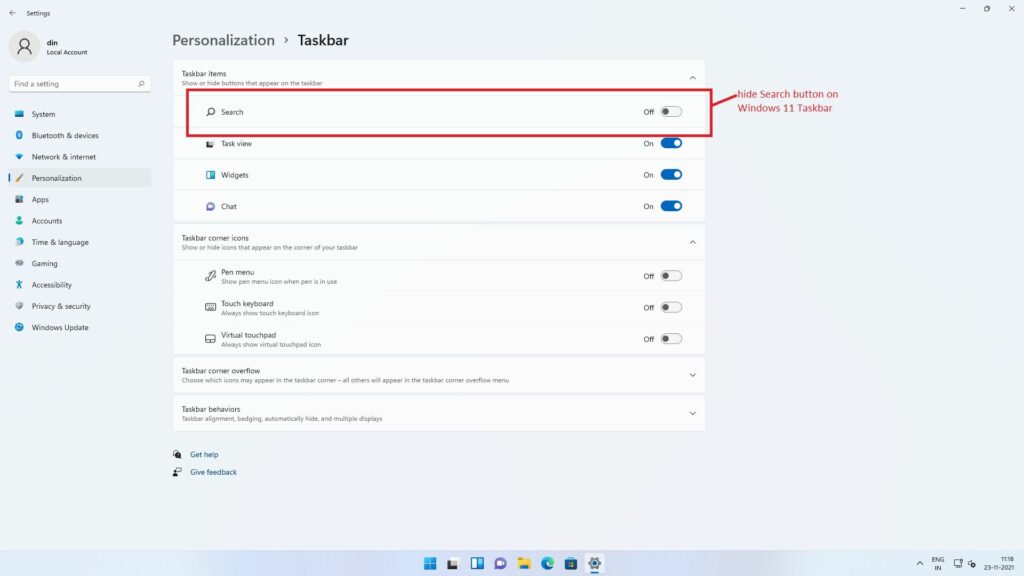 how to hide and unhide search button on windows 11 taskbar