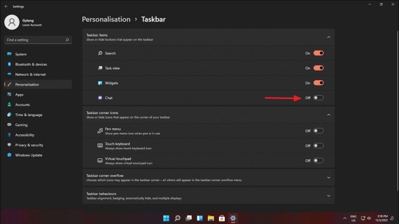 how to remove or hide chat icon from windows 11 taskbar