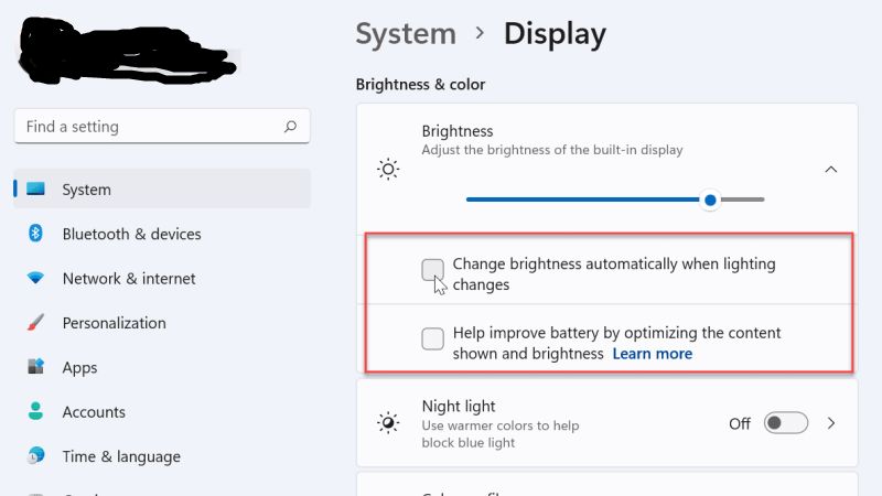 turn off auto brightness in windows 11