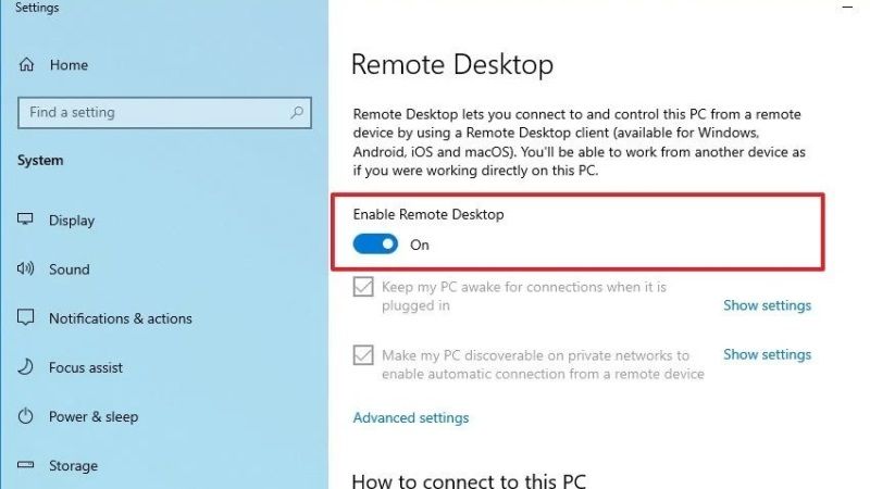 enable remote desktop on windows 10