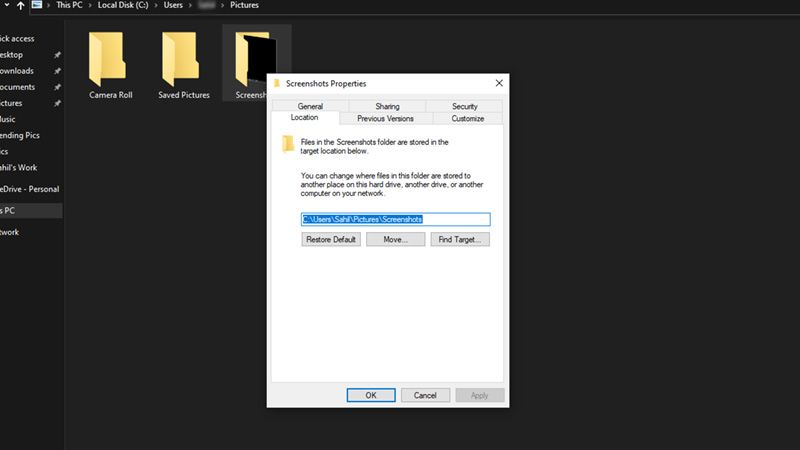 change default saving location for screenshots in windows 11