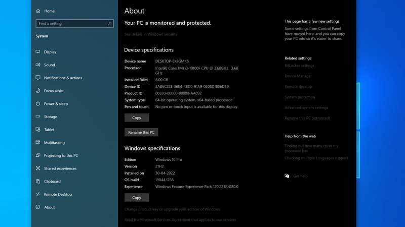 check specs from settings