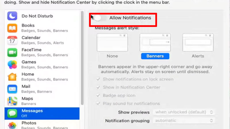 disable notification for imessage