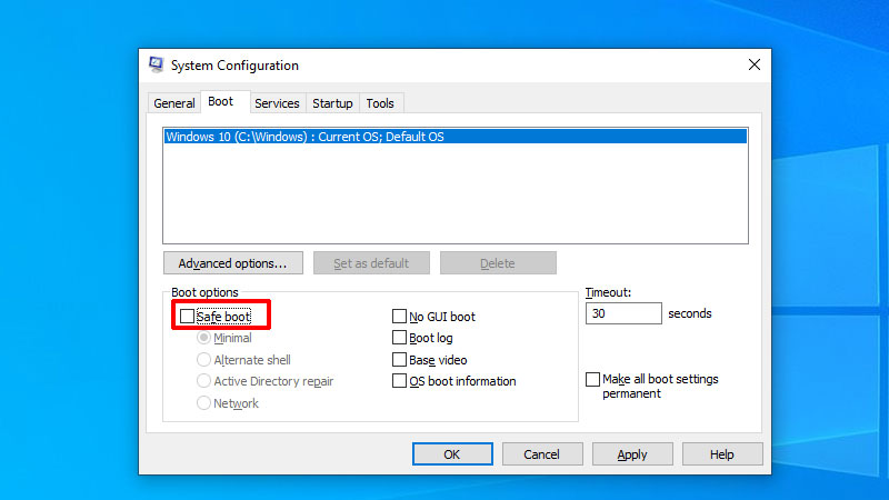 disabling safe mode win 10