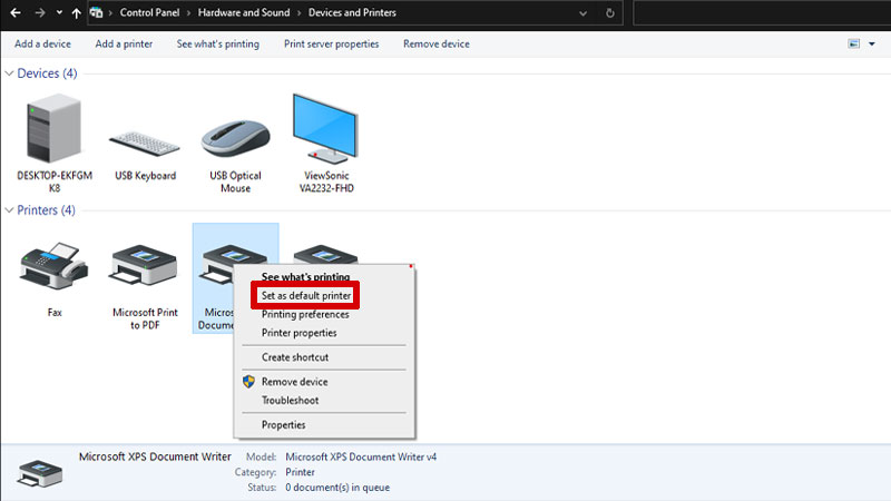 set default printer control panel