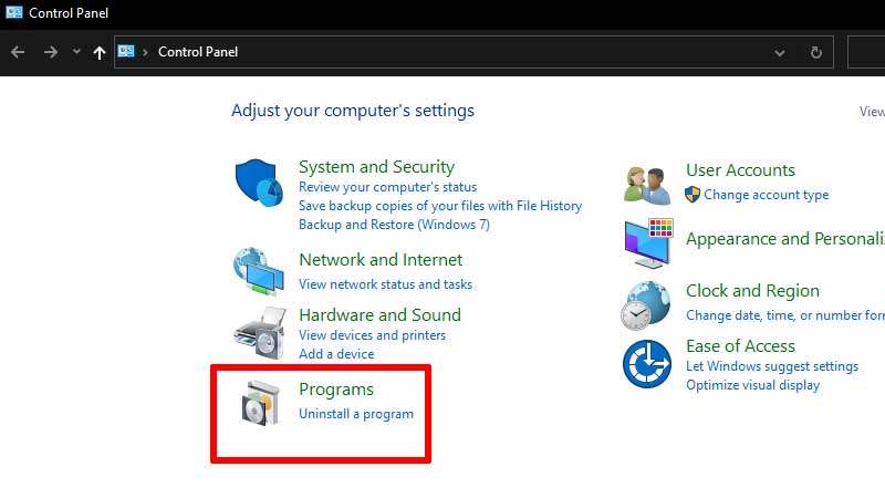 uninstall program control panel