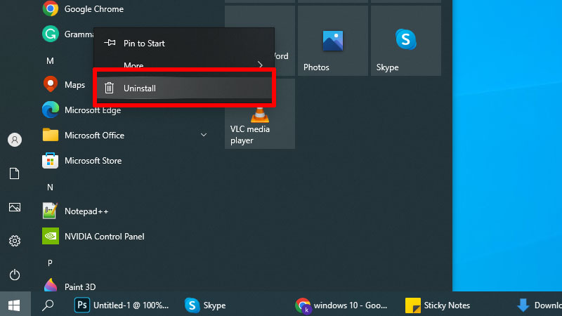 uninstall program start menu