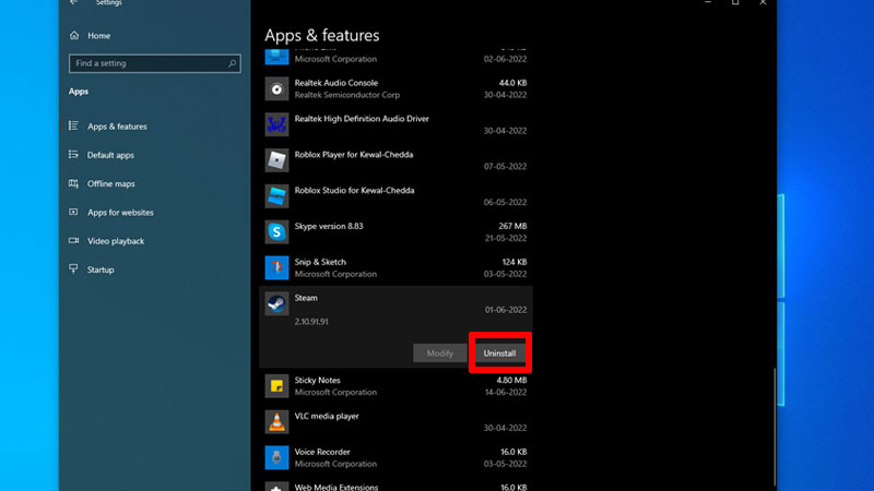 uninstall program win 10 settings