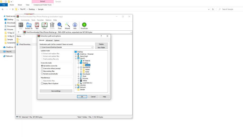 extraction path Tar GZ Windows 10 11
