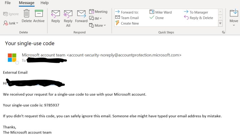 stop getting single use code from microsoft team account