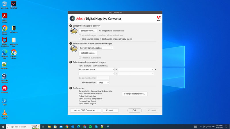 Convert TIFF files to RAW files using DNG converter