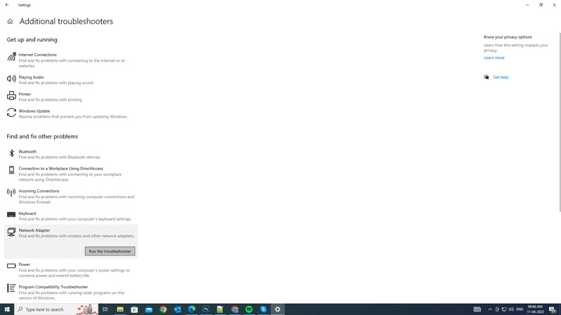 Run the Network Adapter Troubleshooter