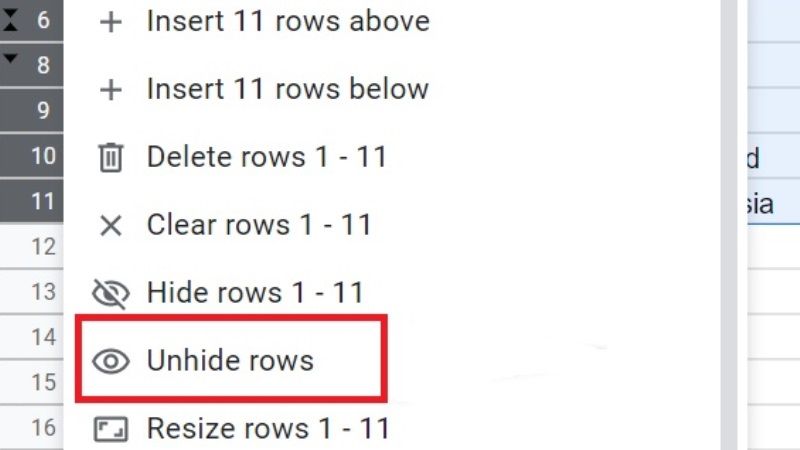 unhide rows google sheets