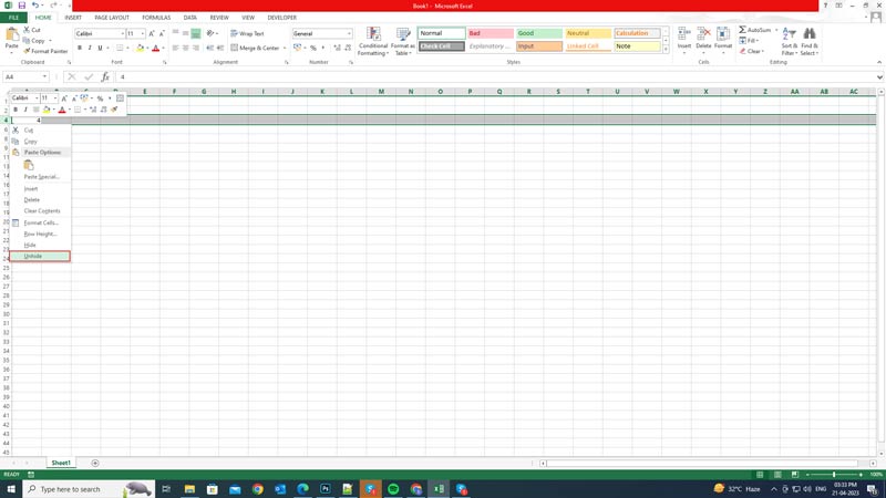 Excel: How to Unhide Rows using the Context menu