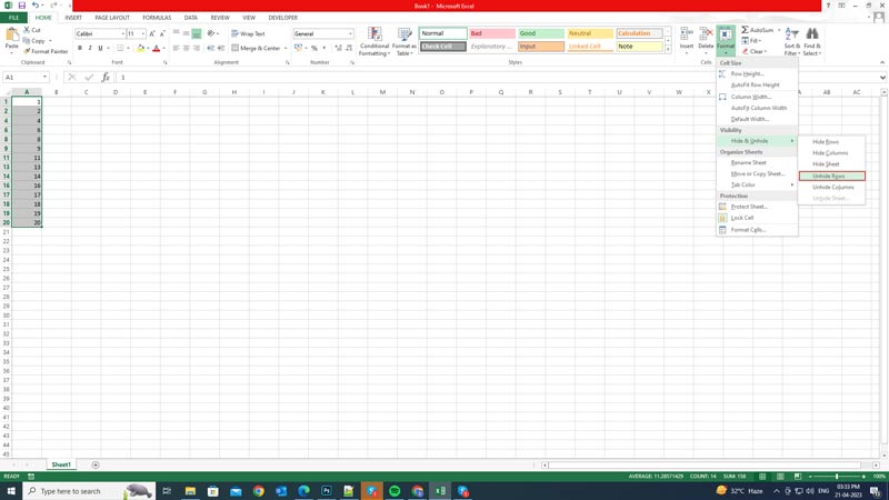 Excel: How to Unhide rows using Home Tab