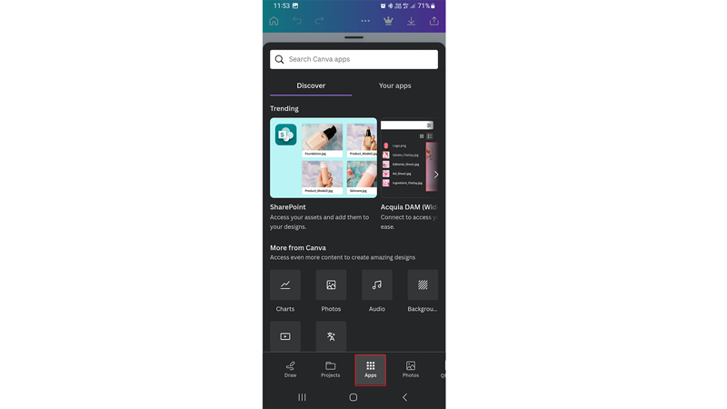 Apps tab on Canva
