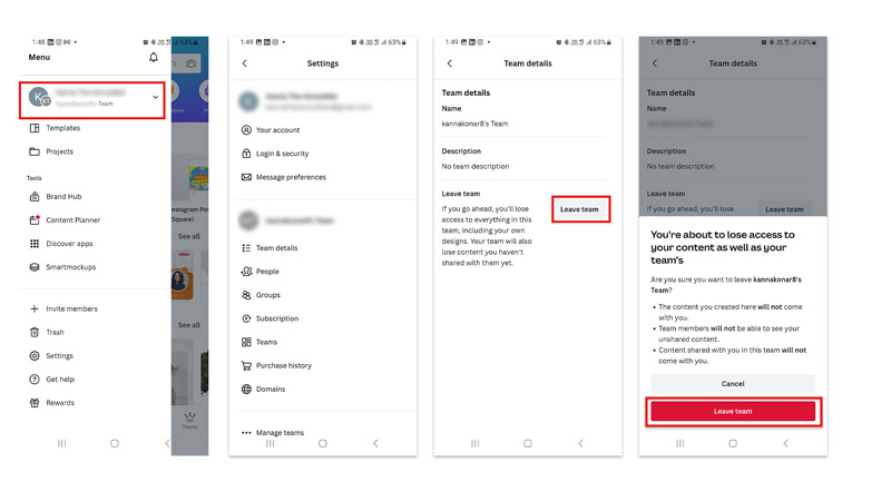 Leave team on Canva Mobile
