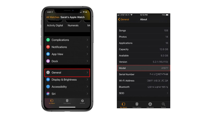 Check Apple Watch Model number on iPhone