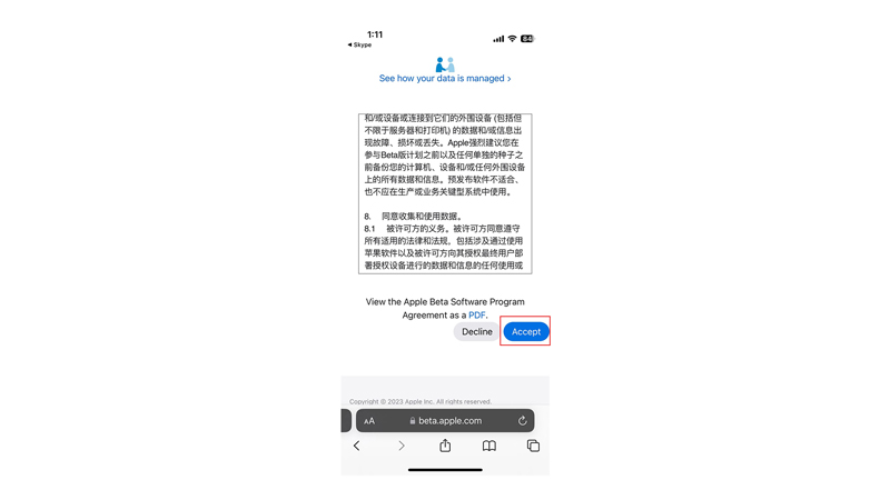 iOS 17 Beta - tap on accept button