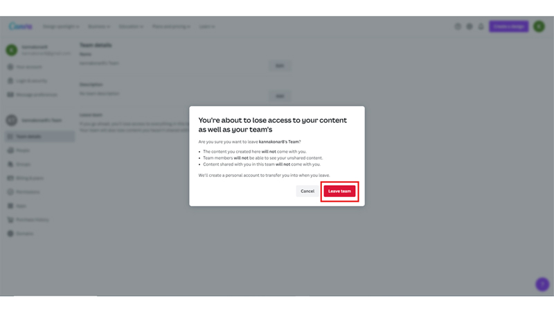 Leave Team on Canva Desktop
