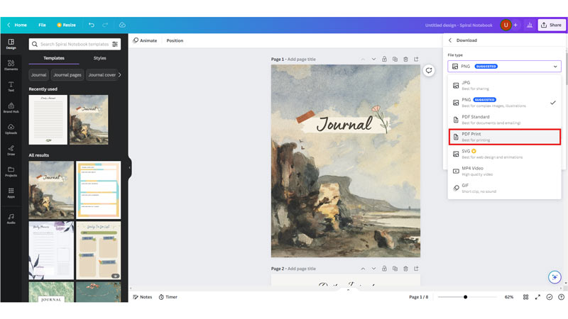 Save Canva Journal template as PDF