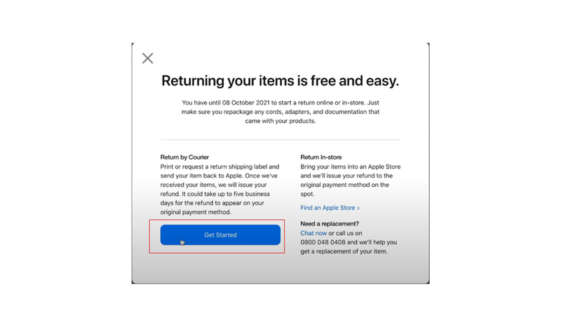 Tap the Get Started Button to start returning the Product