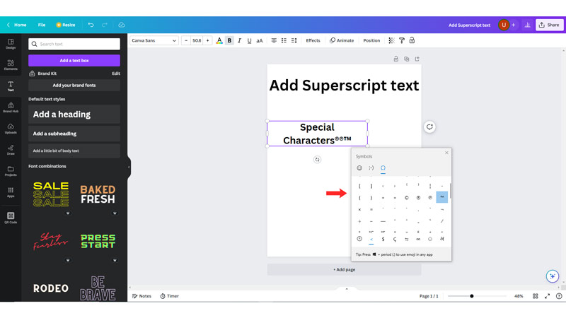 Add Special Characters on Canva