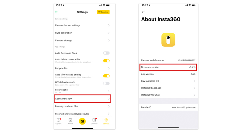 Update Insta360 X3 firmware using Insta360 app