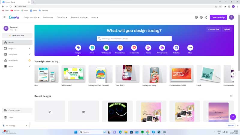 Canva Home Page