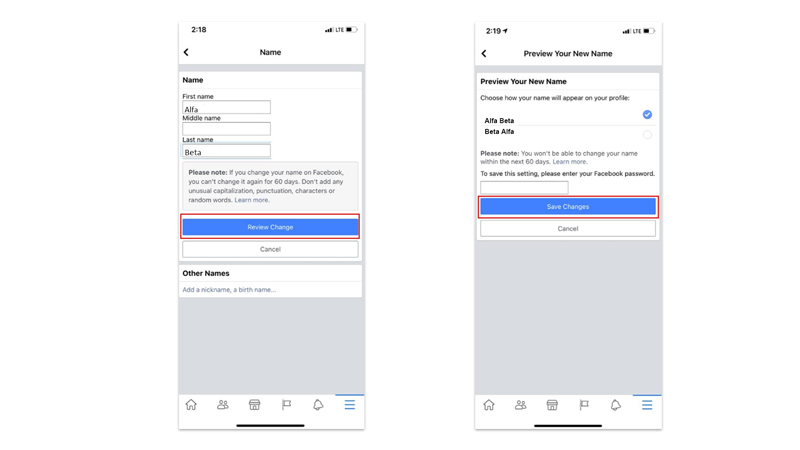 Change Facebook name on iPhone 14