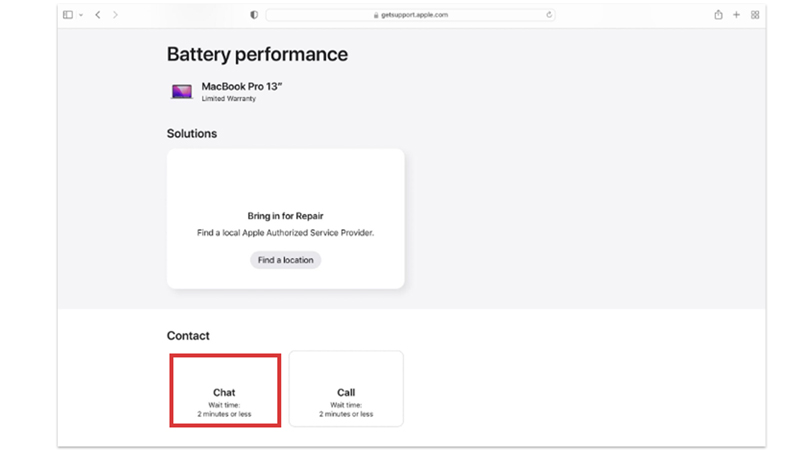 Chat with Apple Support on Website page