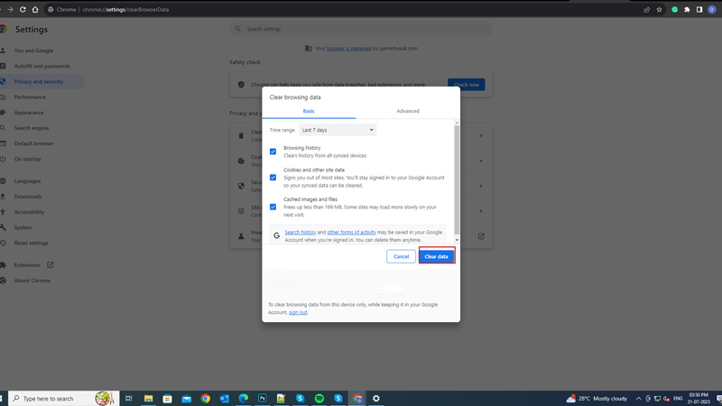 Clear Browser cache to fix Twitch Error Code 2000 on Windows