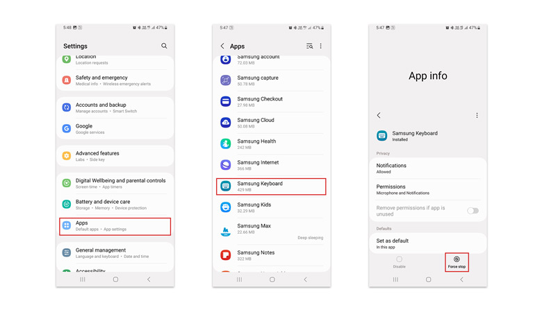 Force Stop Samsung Keyboard to fix battery draining issue on Samsung Phone after One UI 5.1 Update