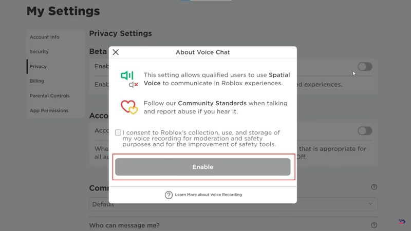 Enable Roblox Voice Chat Settings to fix the Voice Chat Not Working Error on your Windows desktop