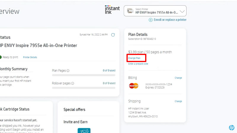 Change the HP Instant Ink Plan