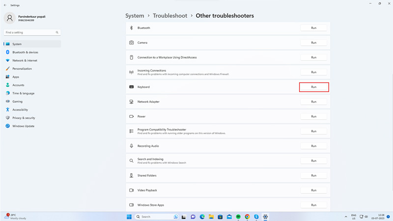Run Windows 11 keyboard troubleshooter