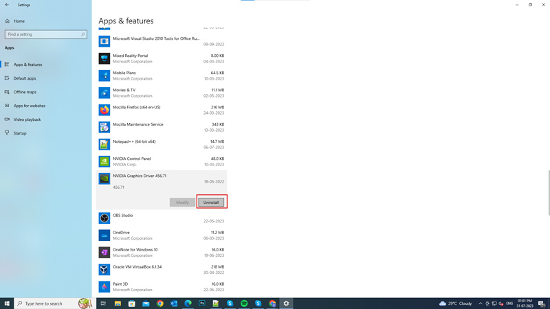 Uninstall Nvidia Drivers from the Settings app on Windows