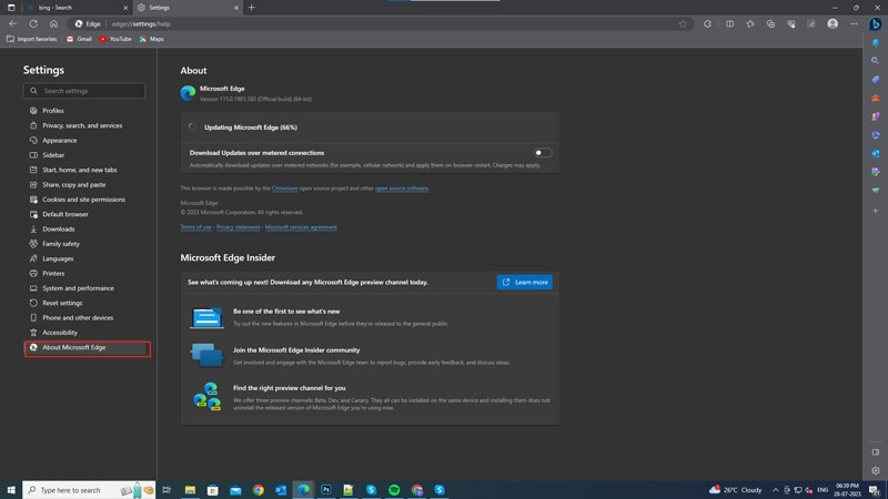 Fix Bing Search is Not Working Error on Microsoft Edge by updating the browser