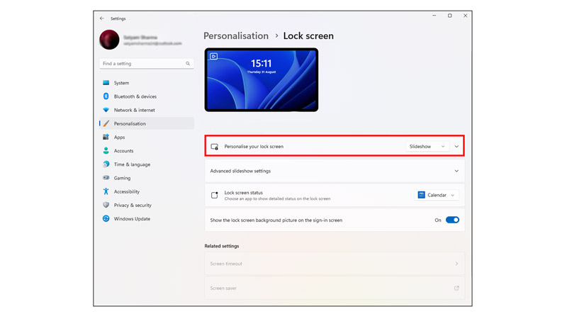 Opening suboptions in lock screen personalization settings 