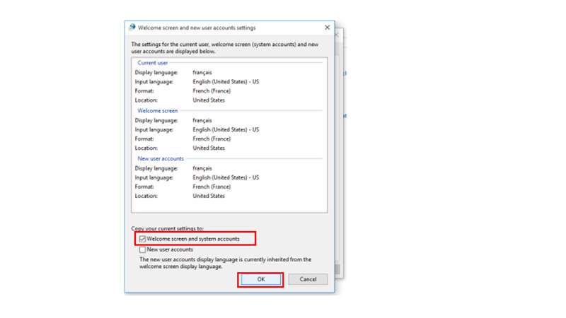 Steps to change Welcome screen language on windows 10 steps 3 &4