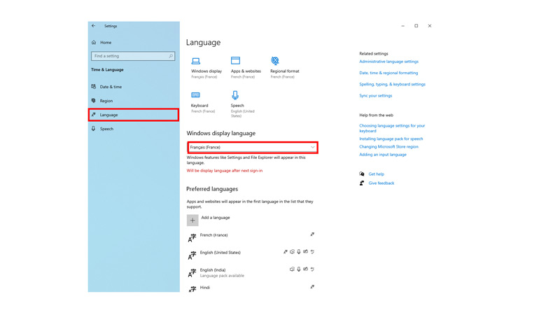 Steps to change system display lanaguge in windows 10 