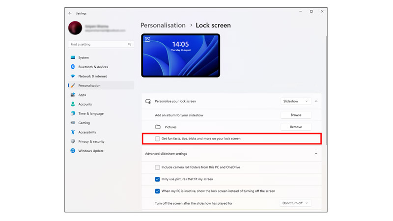Turn off screen saver ads on Windows 11