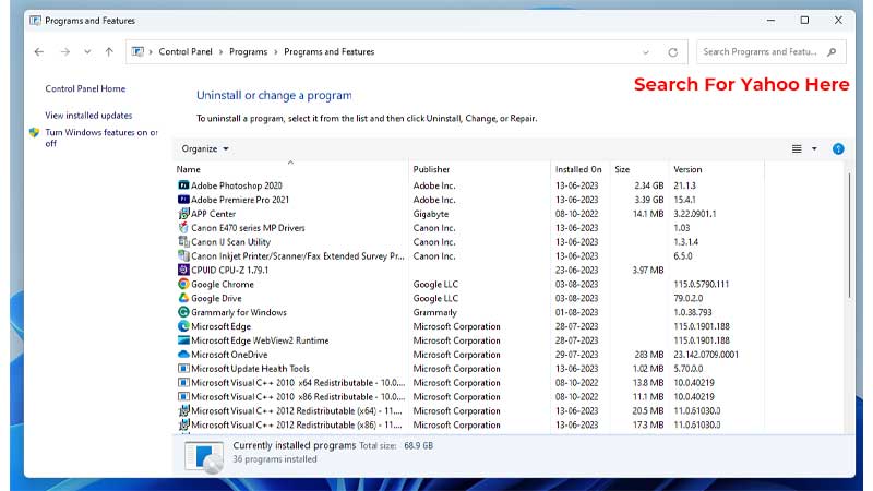 Yahoo in Control Panel