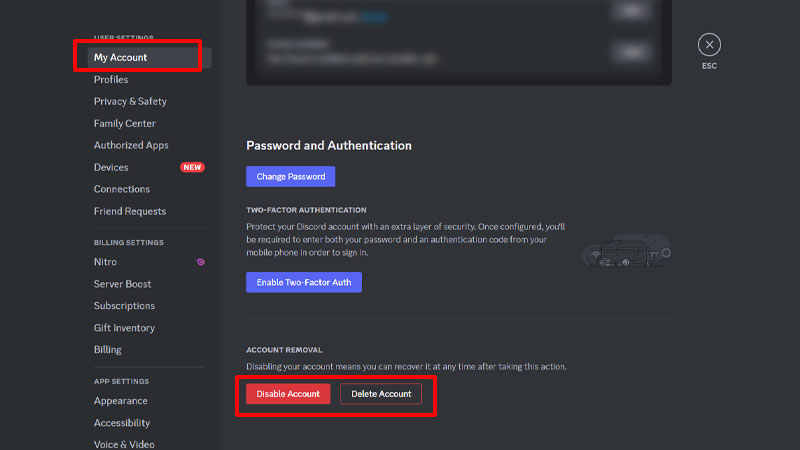 Disable or Delete Account