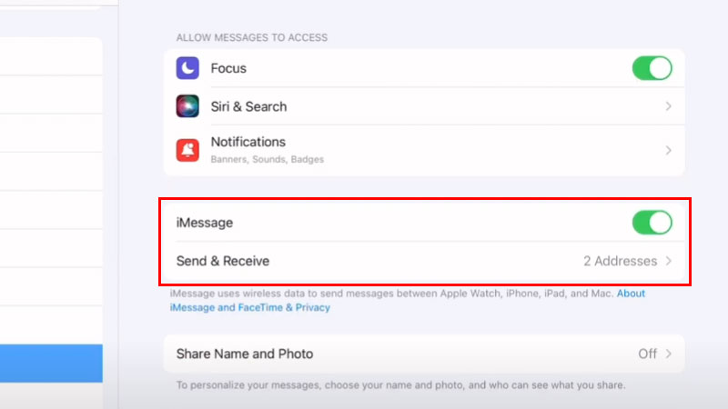 iPad iMessage Settings